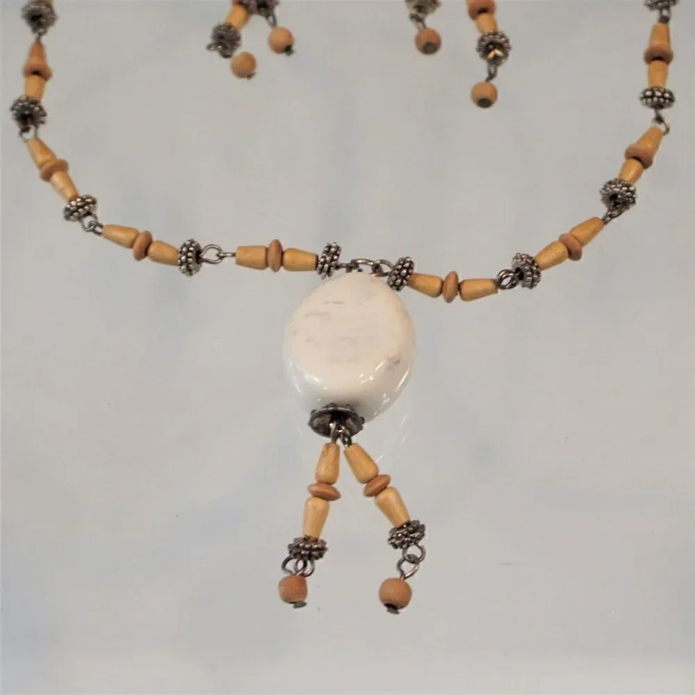 Boho Festival Necklace Earring Set Wood Silver Beads Christina Collection